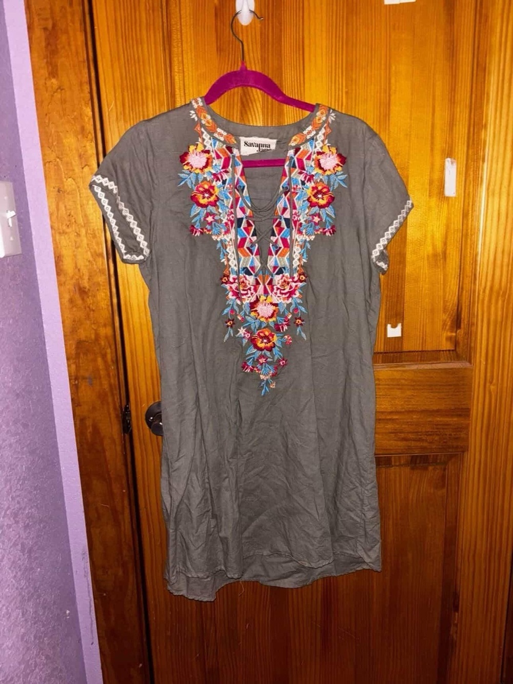 Savanna Jane army green Embroidered V-Neck Mini Dress